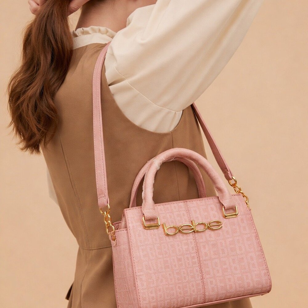 BeBe Ailey Logo Mini Satchel Purse Crossbody Strap Pink / Grey Faux Leather-NWT
